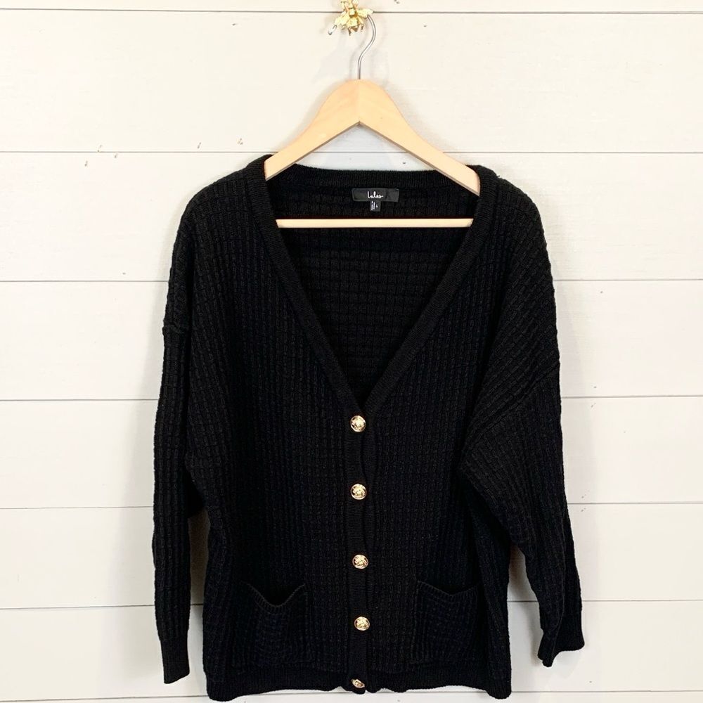 Lulus Black Cardigan with Gold Buttons slouchy and cozy heavyweight size large